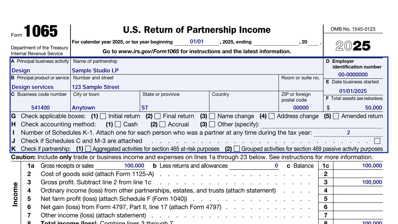 Page 1 of Form 1065 with items D for the EIN, F for total assets and J for Schedule C and M-3 information