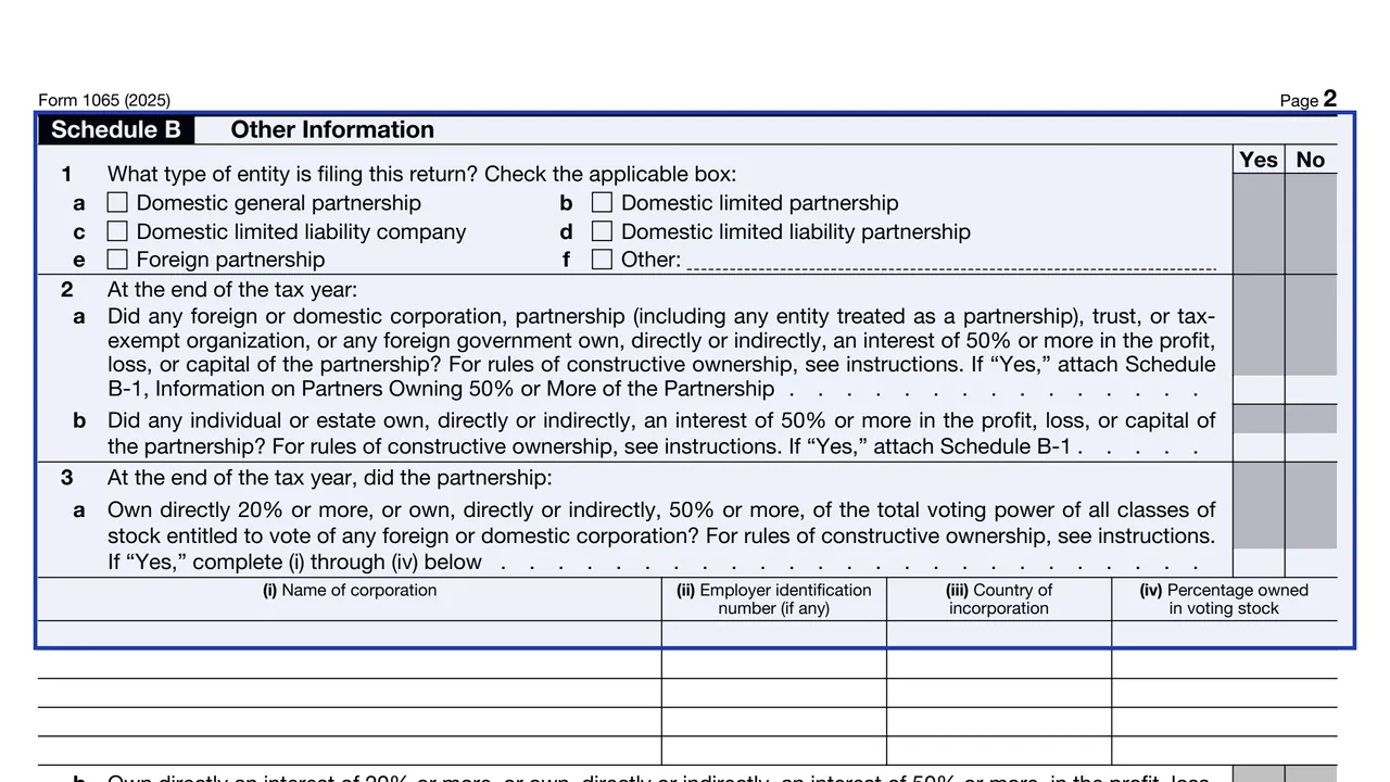 Schedule B of Form 1065 with the entity type, ownership and foreign interest questions and their Yes and No boxes