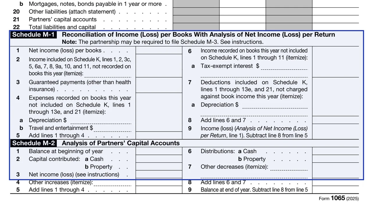 Schedules M-1 and M-2 of Form 1065 with the book-tax reconciliation and the partners' capital account analysis