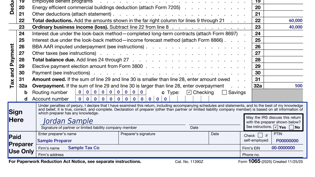 The signature section of Form 1065 with the partner or LLC member and the paid preparer's PTIN