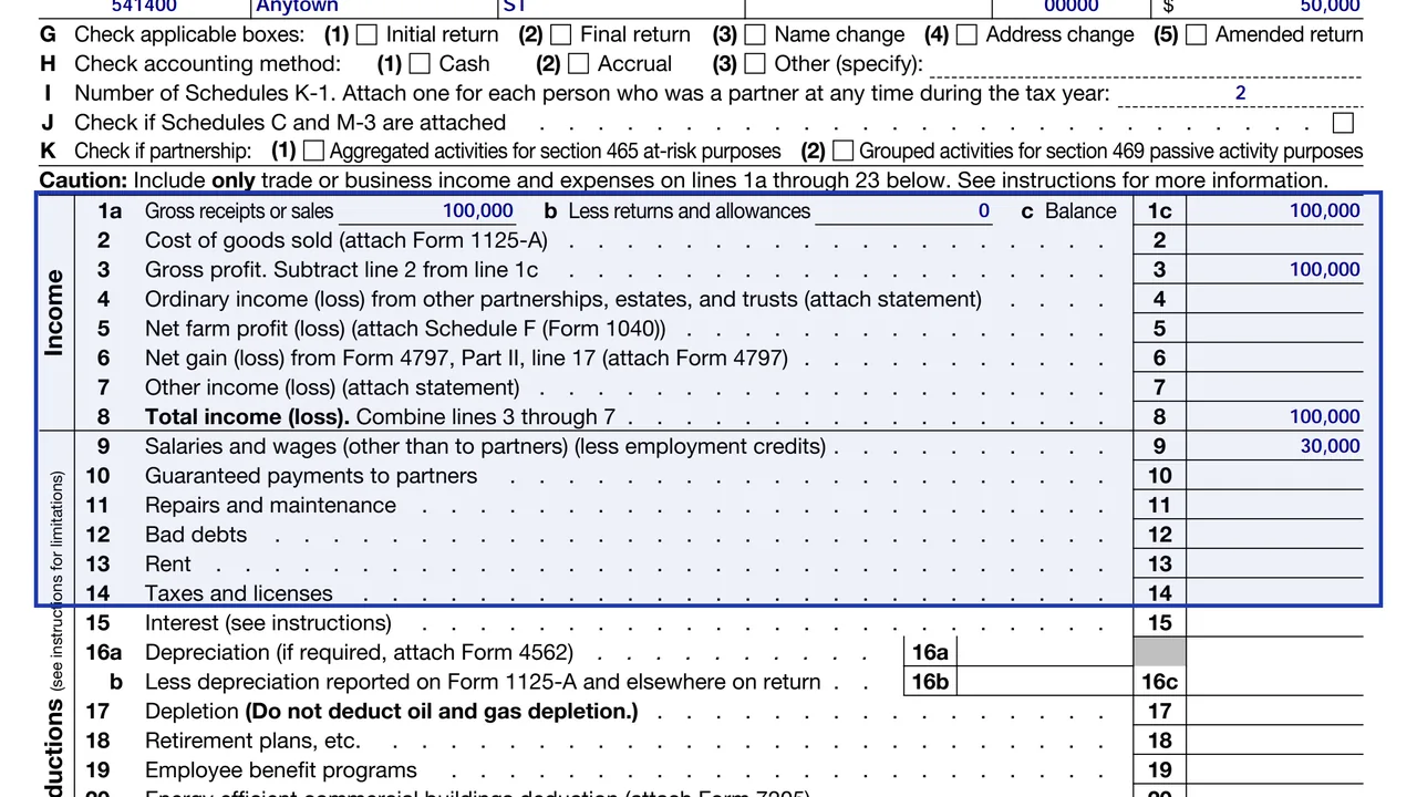 The income lines 1a to 8 and the first deduction lines on page 1 of Form 1065, trade or business items only, sample values