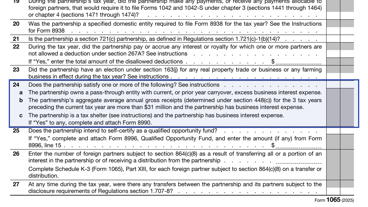 Question 24 of Schedule B on Form 1065 pointing to Form 8990 when the business interest limitation applies