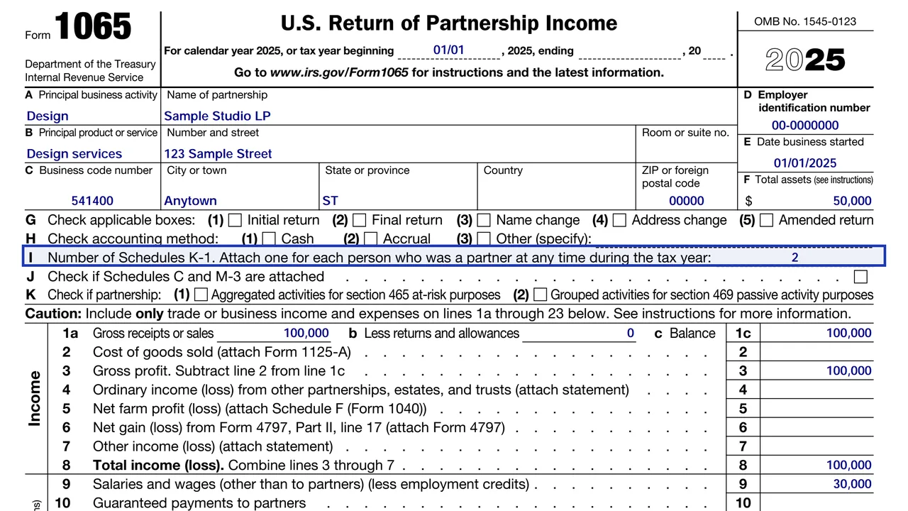 Item I on page 1 of Form 1065 with the number of Schedules K-1 entered, one for each partner, sample value