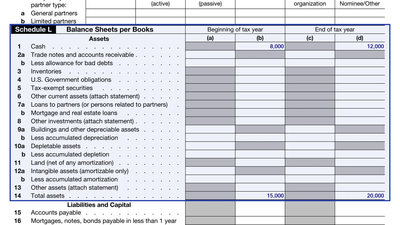 Schedule L of Form 1065, the balance sheet per books, with beginning and end of year columns, sample values