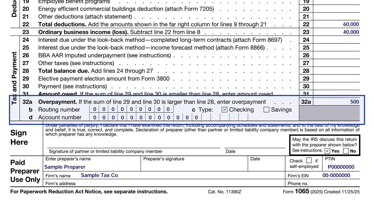 Lines 32a to 32d of Form 1065 with the new 2025 direct deposit fields for an overpayment