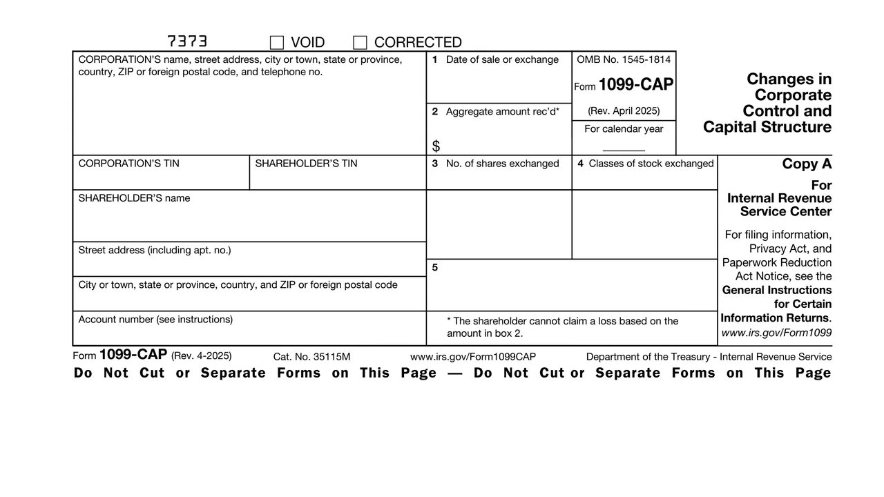 Top of page 1 of Form 1099-CAP: Changes in Corporate Control and Capital Structure, as printed by IRS