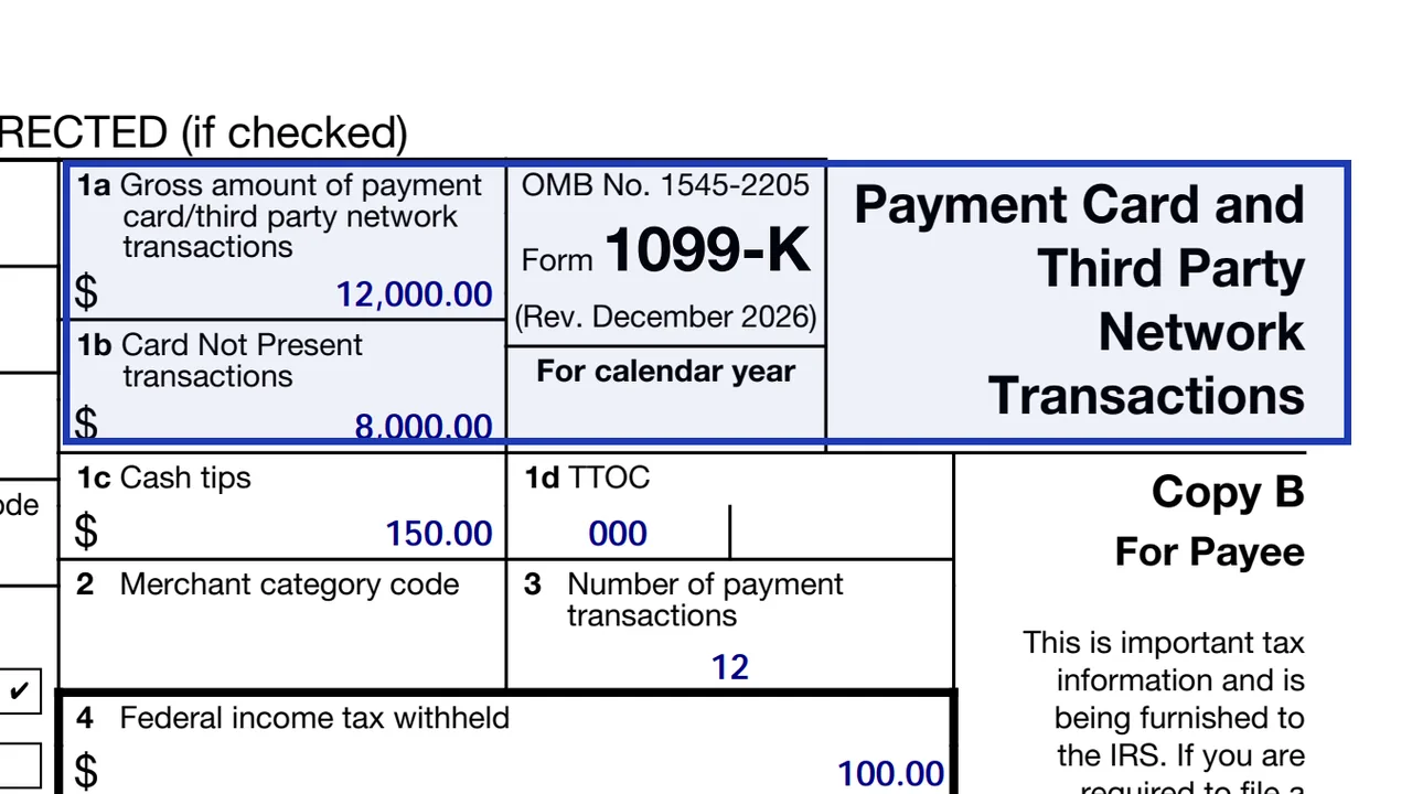 Page 1 of Form 1099-K (Rev. December 2026) with its title area and filer and payee blocks