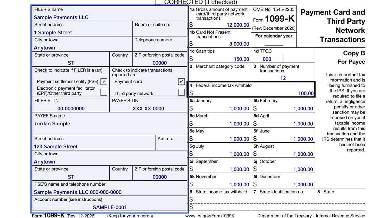 The filer and payee blocks of Form 1099-K with the PSE and transaction type checkboxes