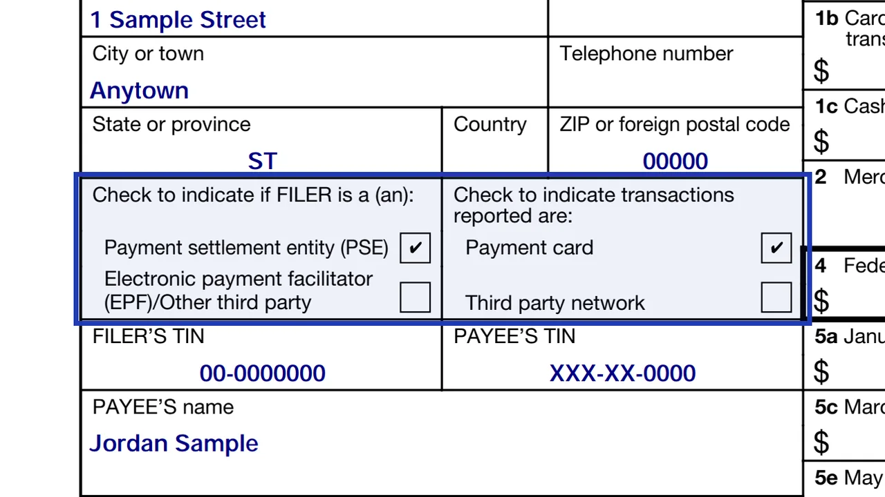 The filer type and transaction type checkboxes of Form 1099-K