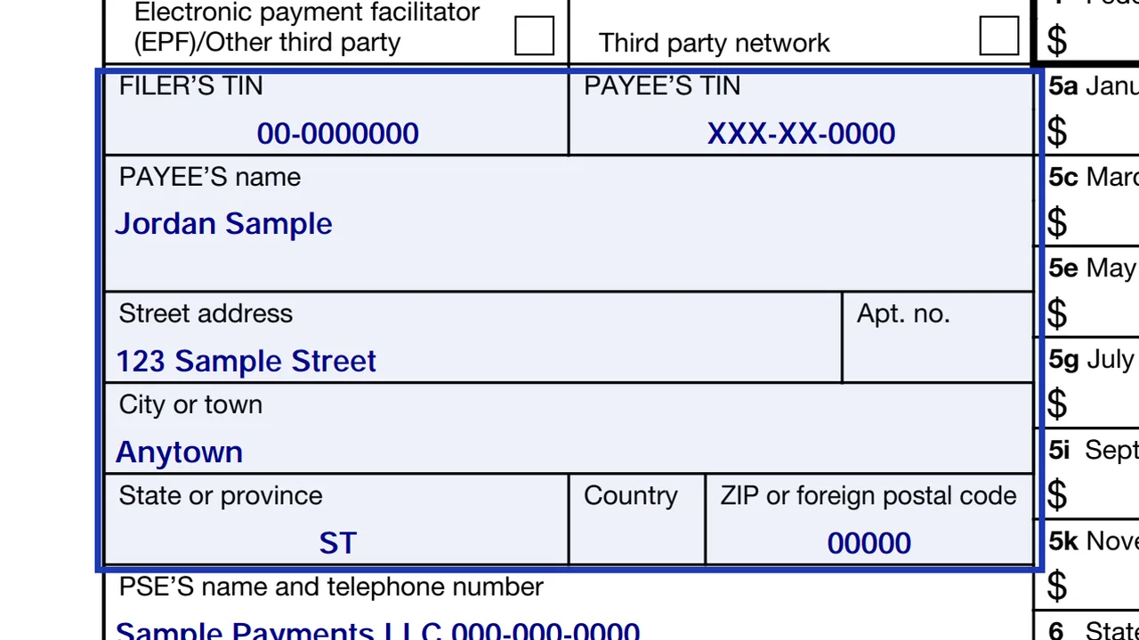 The payee name, address and TIN area of Form 1099-K with sample values