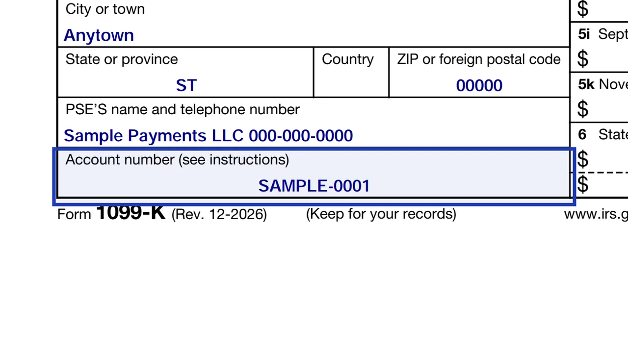 The account number field of Form 1099-K for a payee with several accounts