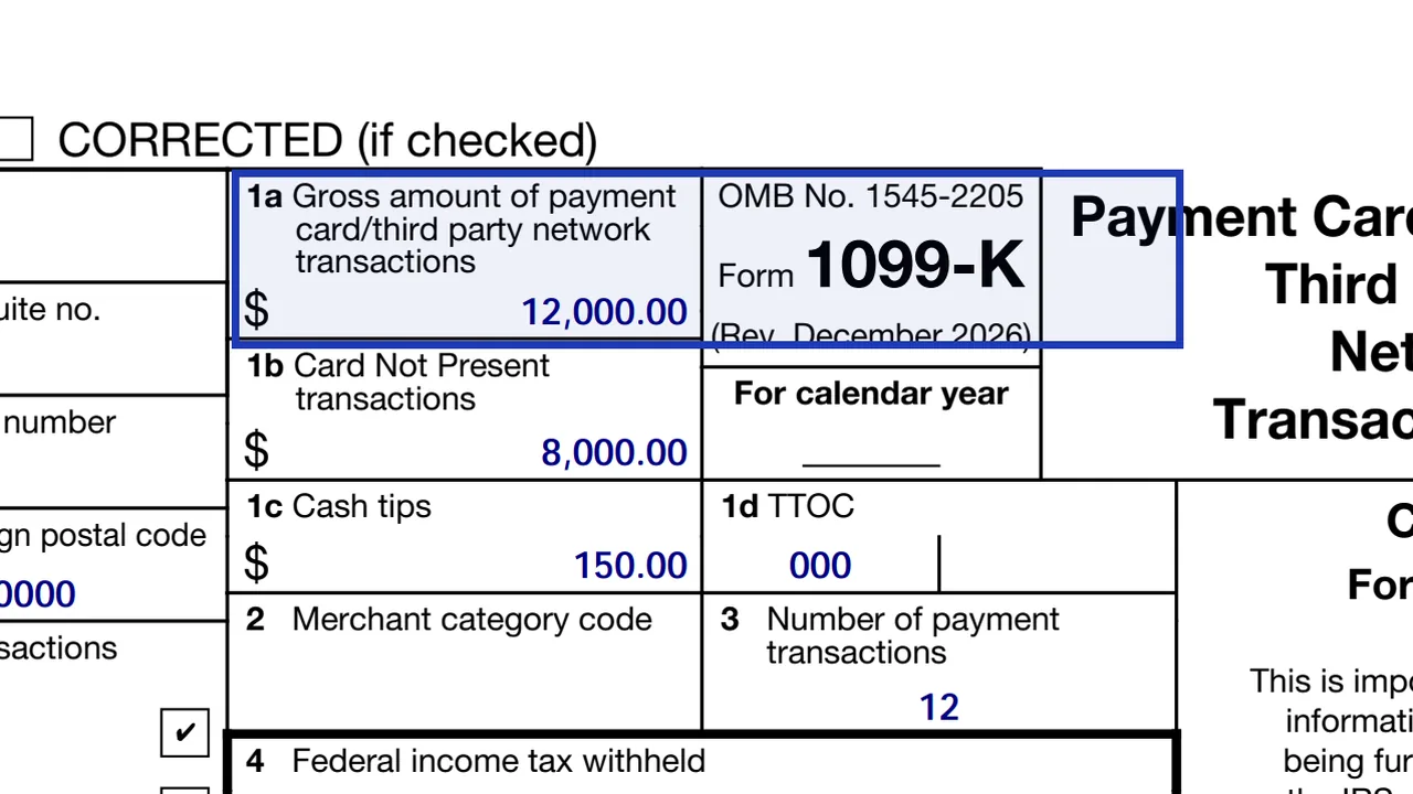 Box 1a of Form 1099-K with a sample gross amount and no fee or refund adjustments