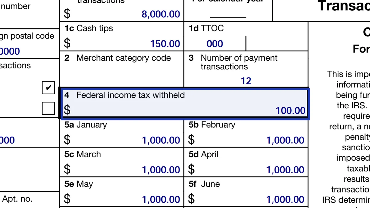 Box 4 of Form 1099-K with a sample backup withholding amount