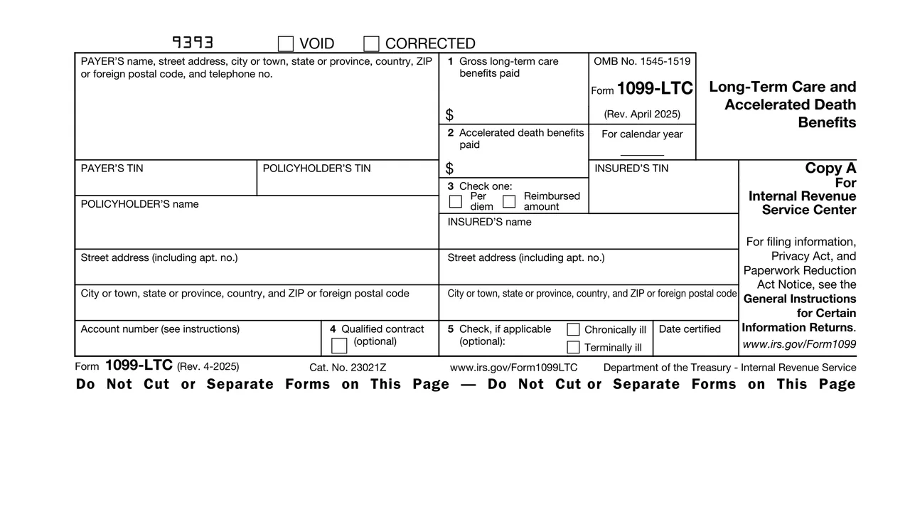 Top of page 1 of Form 1099-LTC: Long-Term Care and Accelerated Death Benefits, as printed by IRS