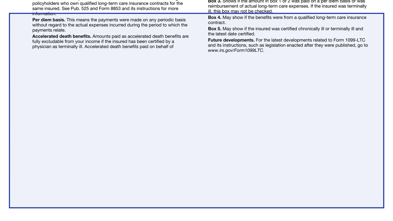 Box 4 on page 3 of Form 1099-LTC: Long-Term Care and Accelerated Death Benefits, as printed by IRS