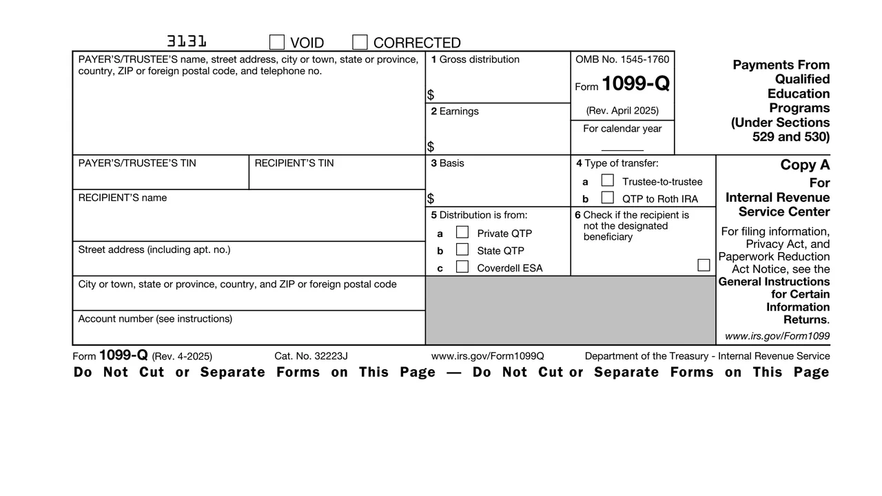Top of page 1 of Form 1099-Q: Payments From Qualified Education Programs (Under Sections 529 and 530), as printed by IRS