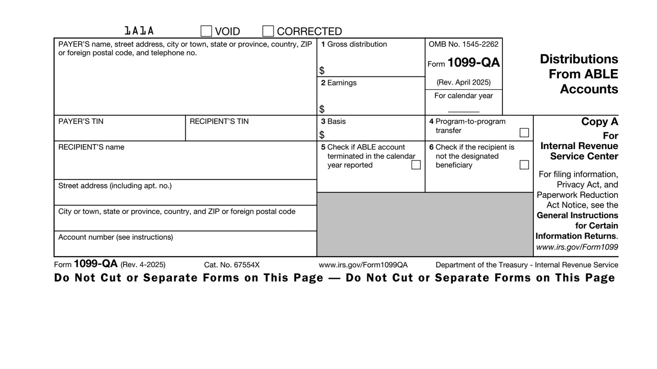 Top of page 1 of Form 1099-QA: Distributions From ABLE Accounts, as printed by IRS