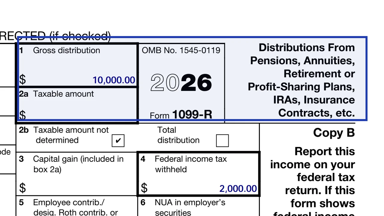 Page 1 of the 2026 Form 1099-R with its title area and payer and recipient blocks