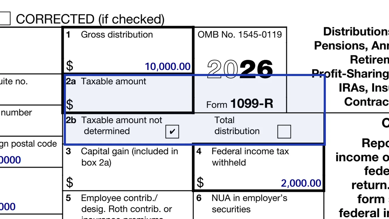 Boxes 2a and 2b of Form 1099-R for the taxable amount and its two checkboxes