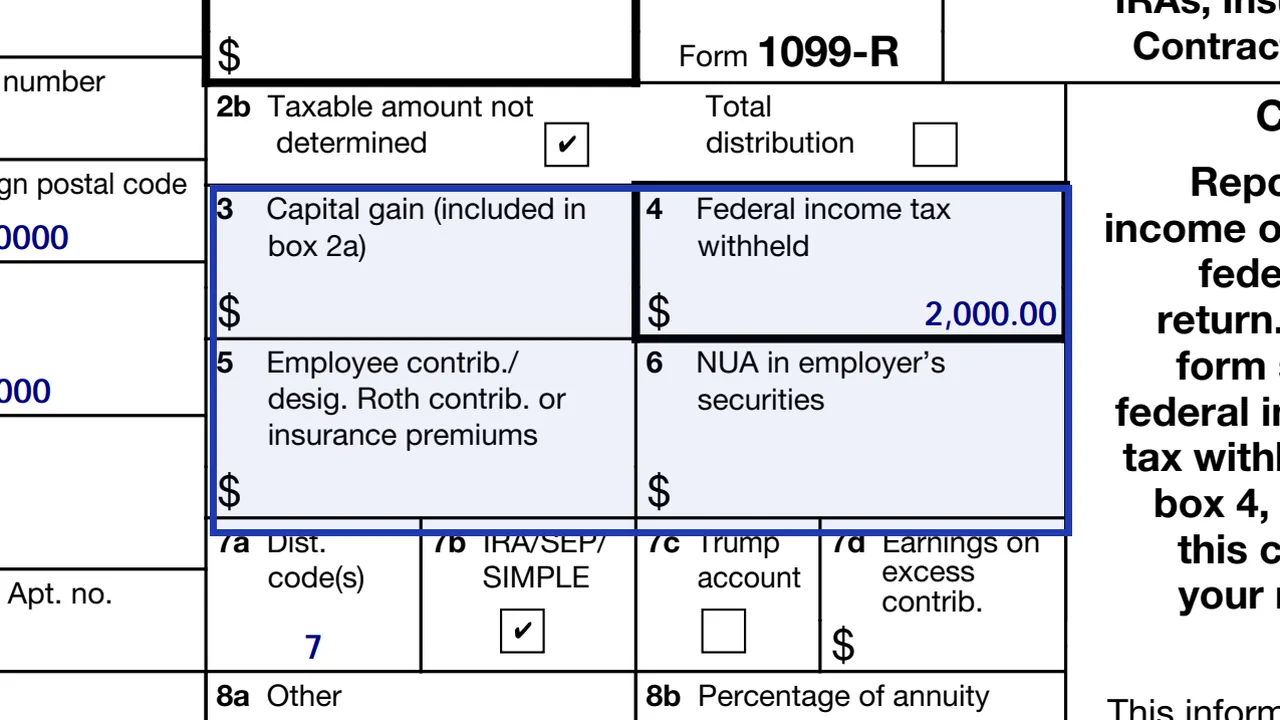 Boxes 3 to 6 of Form 1099-R for capital gain, withholding, employee contributions and net unrealized appreciation