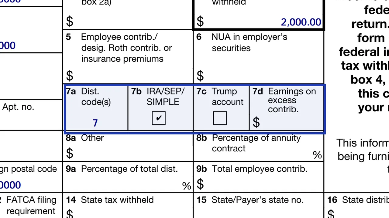 Box 7 of Form 1099-R with the distribution code and the IRA/SEP/SIMPLE checkbox