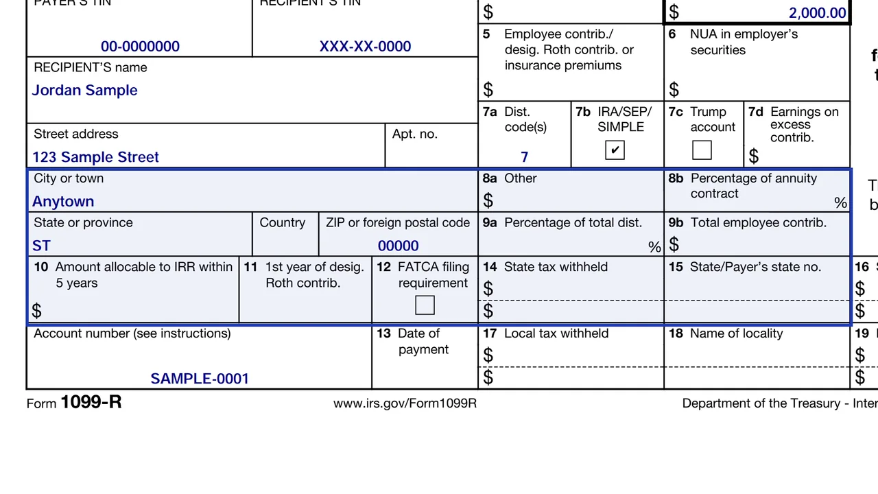 Boxes 8, 10 and 11 of Form 1099-R for other amounts, in-plan Roth rollover and first year of Roth contributions