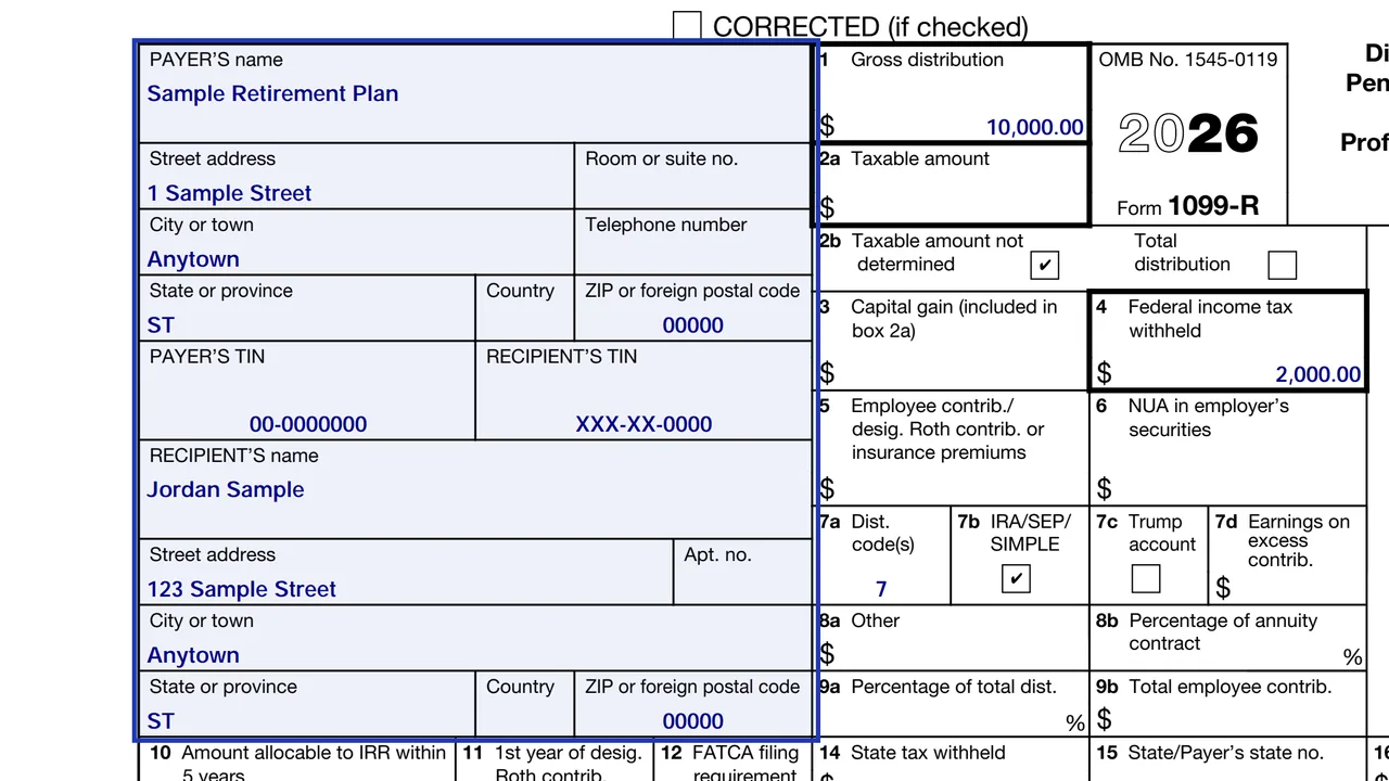 The payer and recipient areas of Form 1099-R with sample values and the recipient TIN shortened