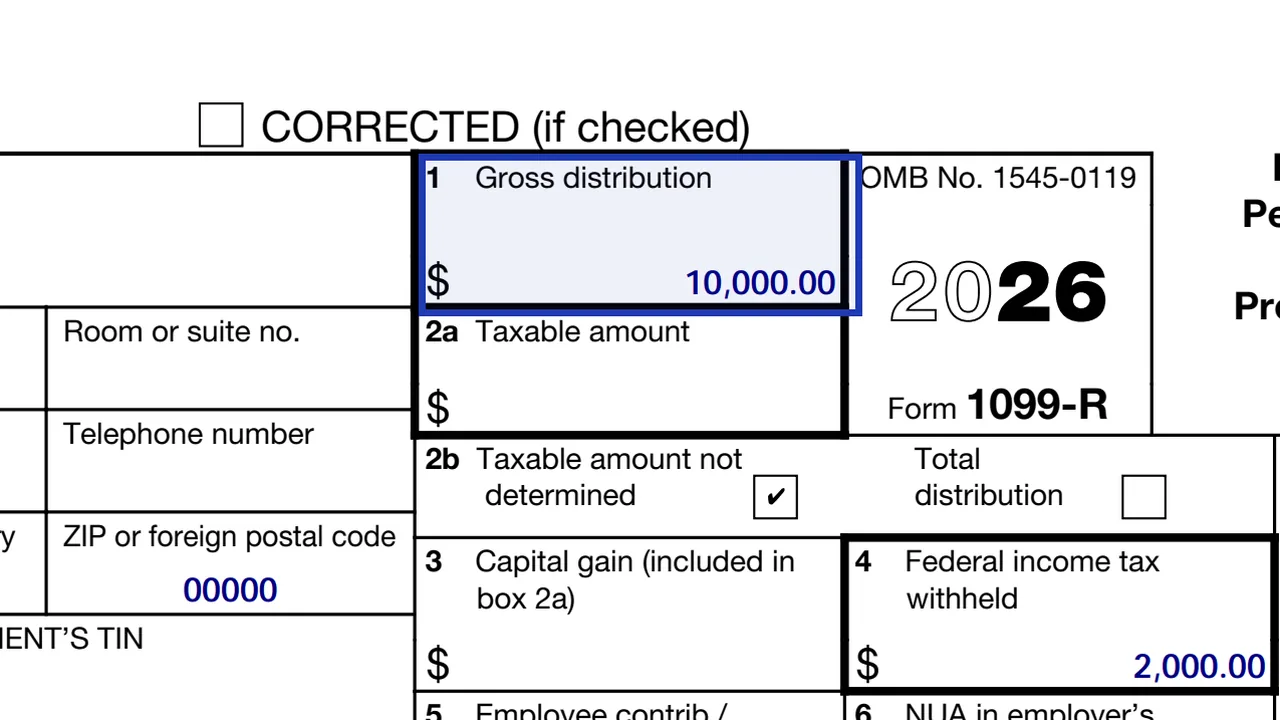 Box 1 of Form 1099-R with a sample gross distribution amount