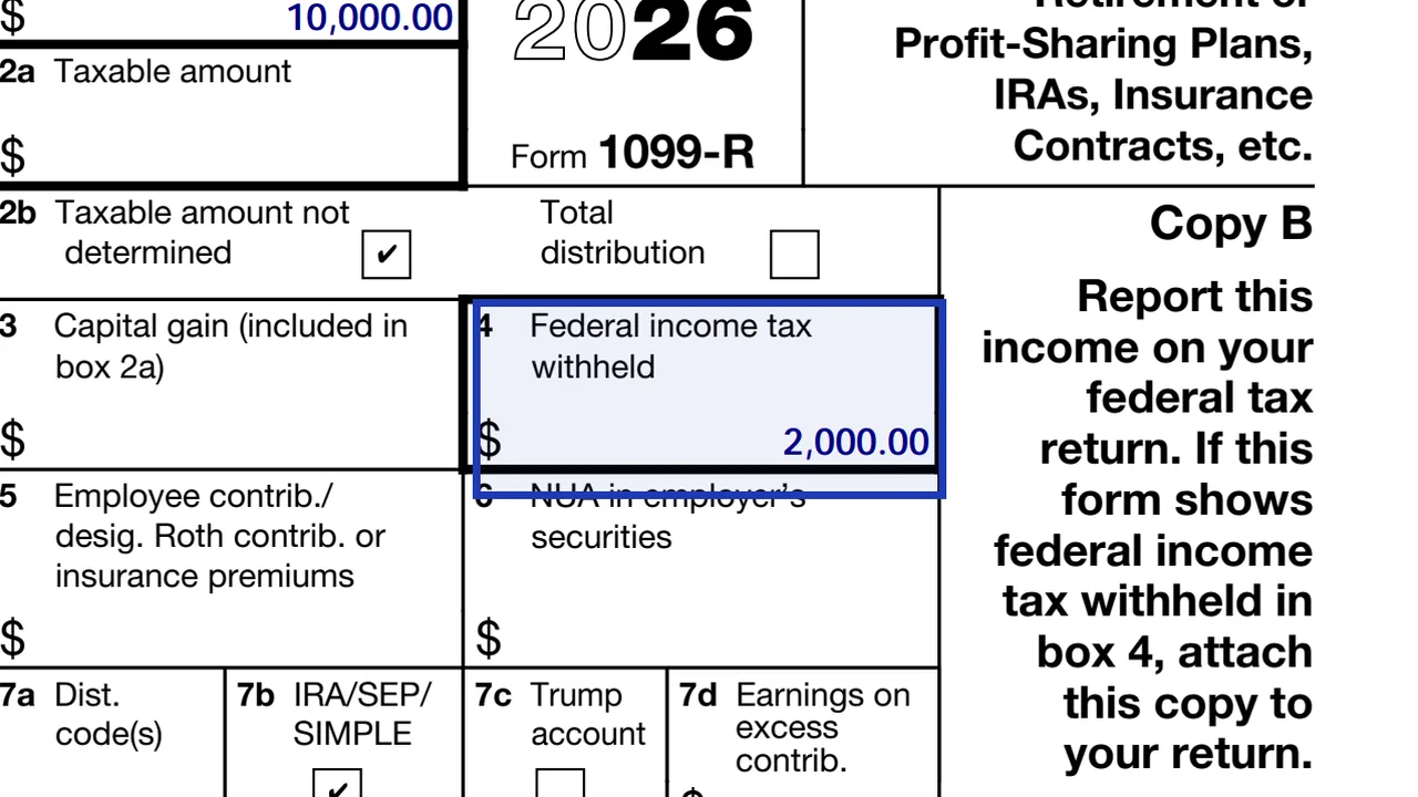 Box 4 of Form 1099-R with a sample 20 percent withholding amount on an eligible rollover distribution