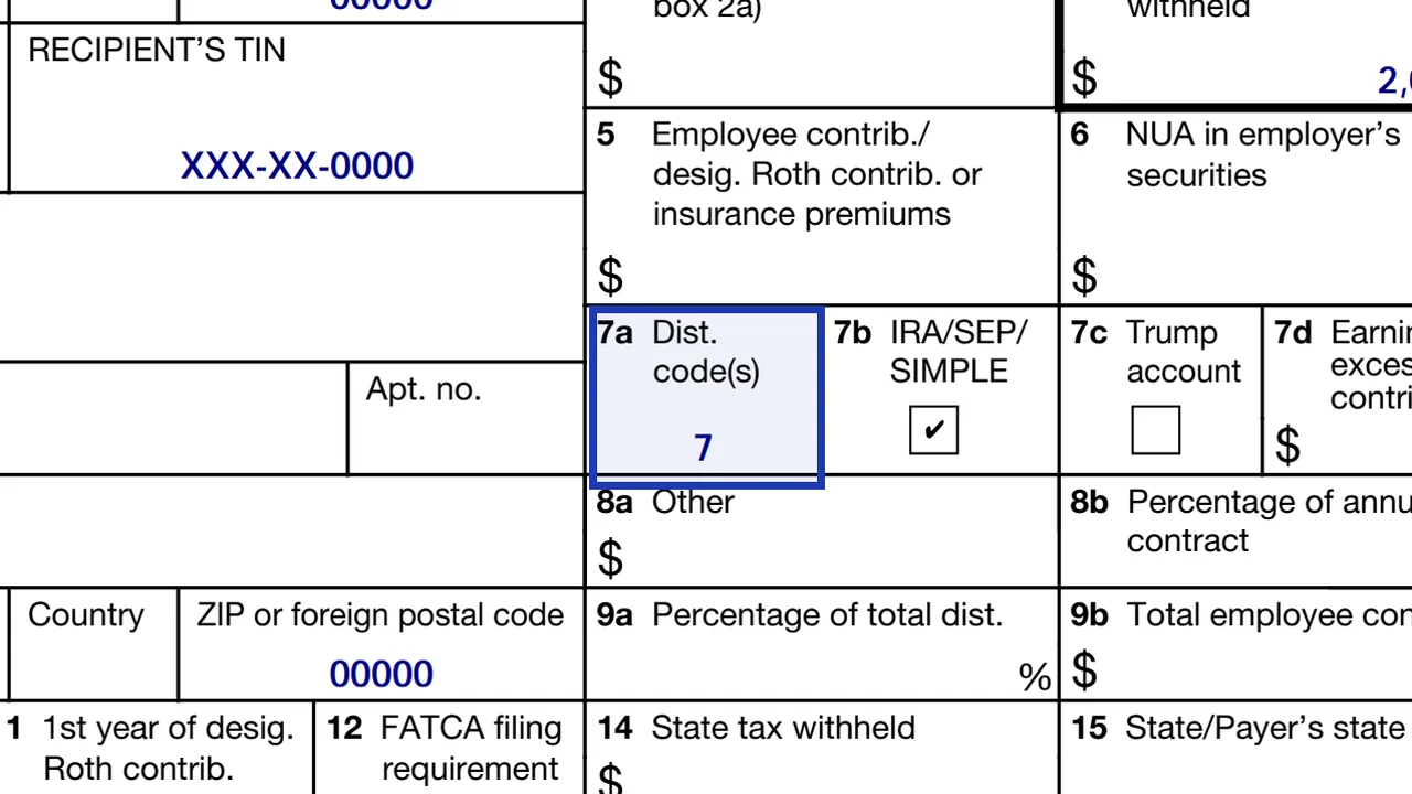 Box 7a of Form 1099-R with a sample distribution code from the instructions code table