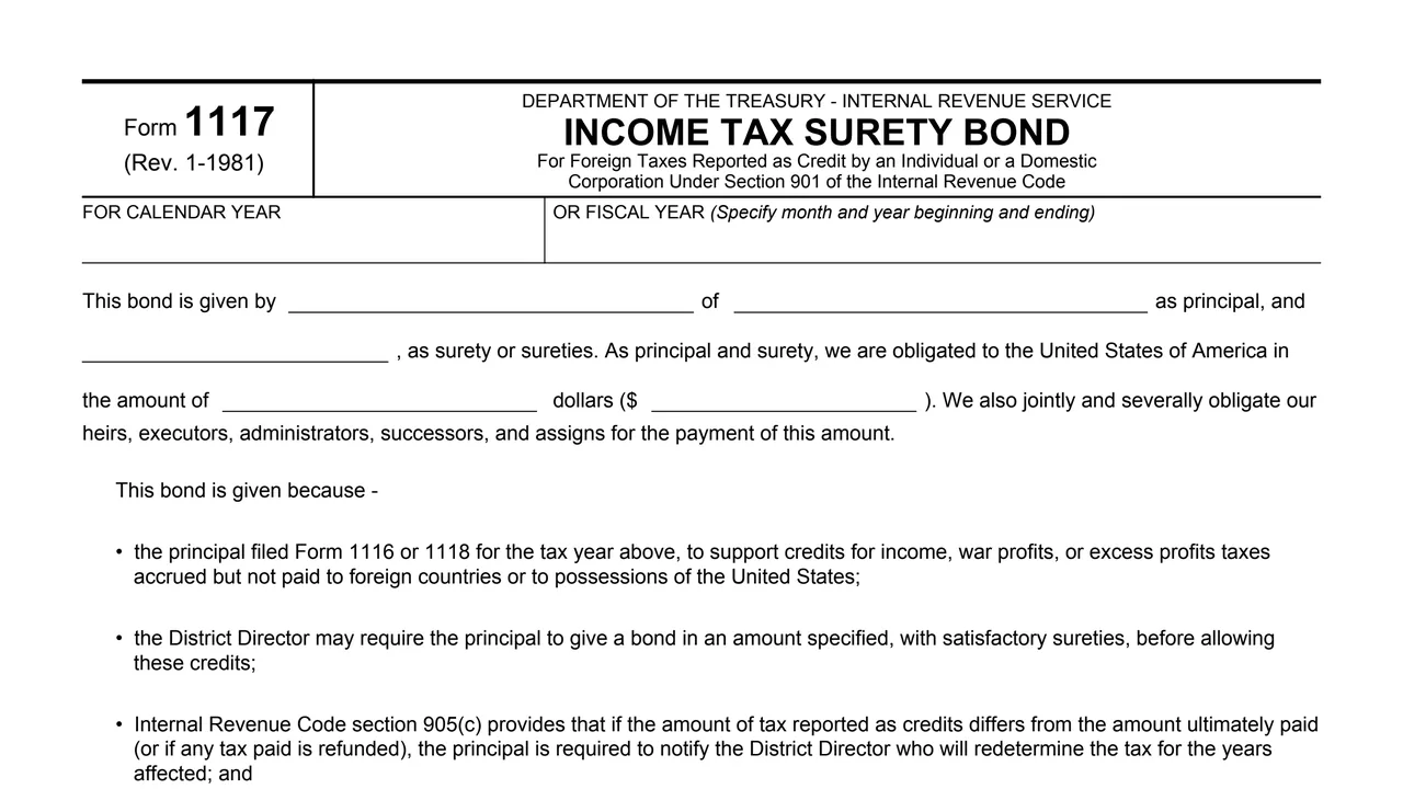 Top of page 1 of Form 1117: Income Tax Surety Bond, as printed by IRS