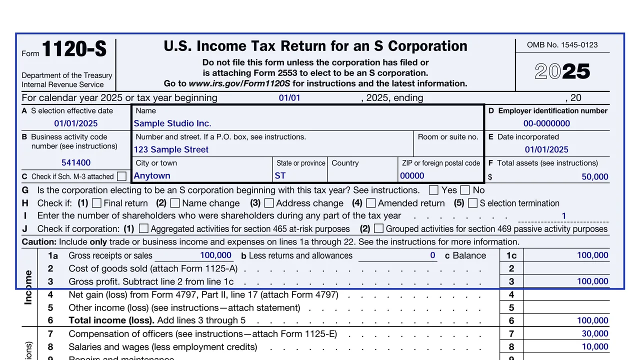 Page 1 of Form 1120-S with the S corporation header, item F total assets and the income and deduction lines, 2025 layout
