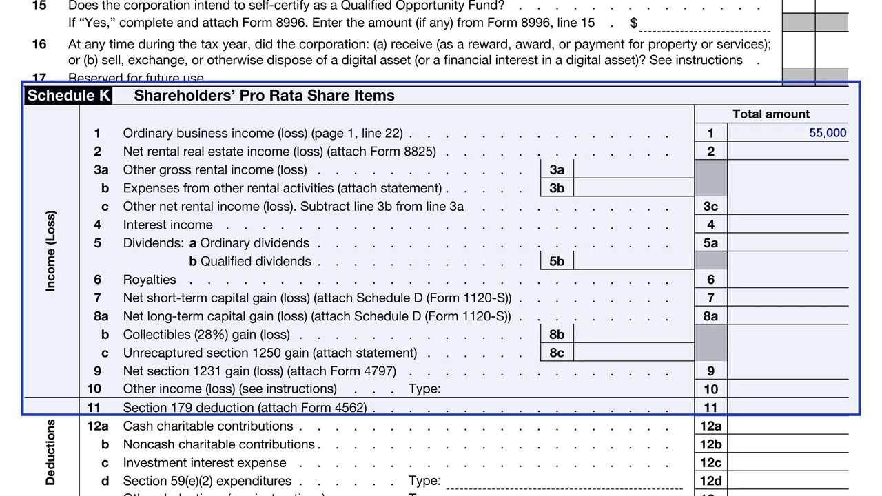 Schedule K of Form 1120-S with the shareholders' pro rata share items, from ordinary income to deductions