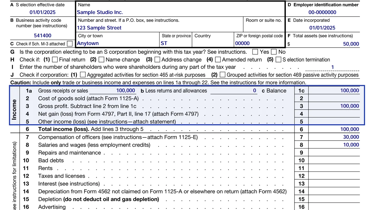 The income lines of Form 1120-S from gross receipts through other income, lines 1a to 5, sample values