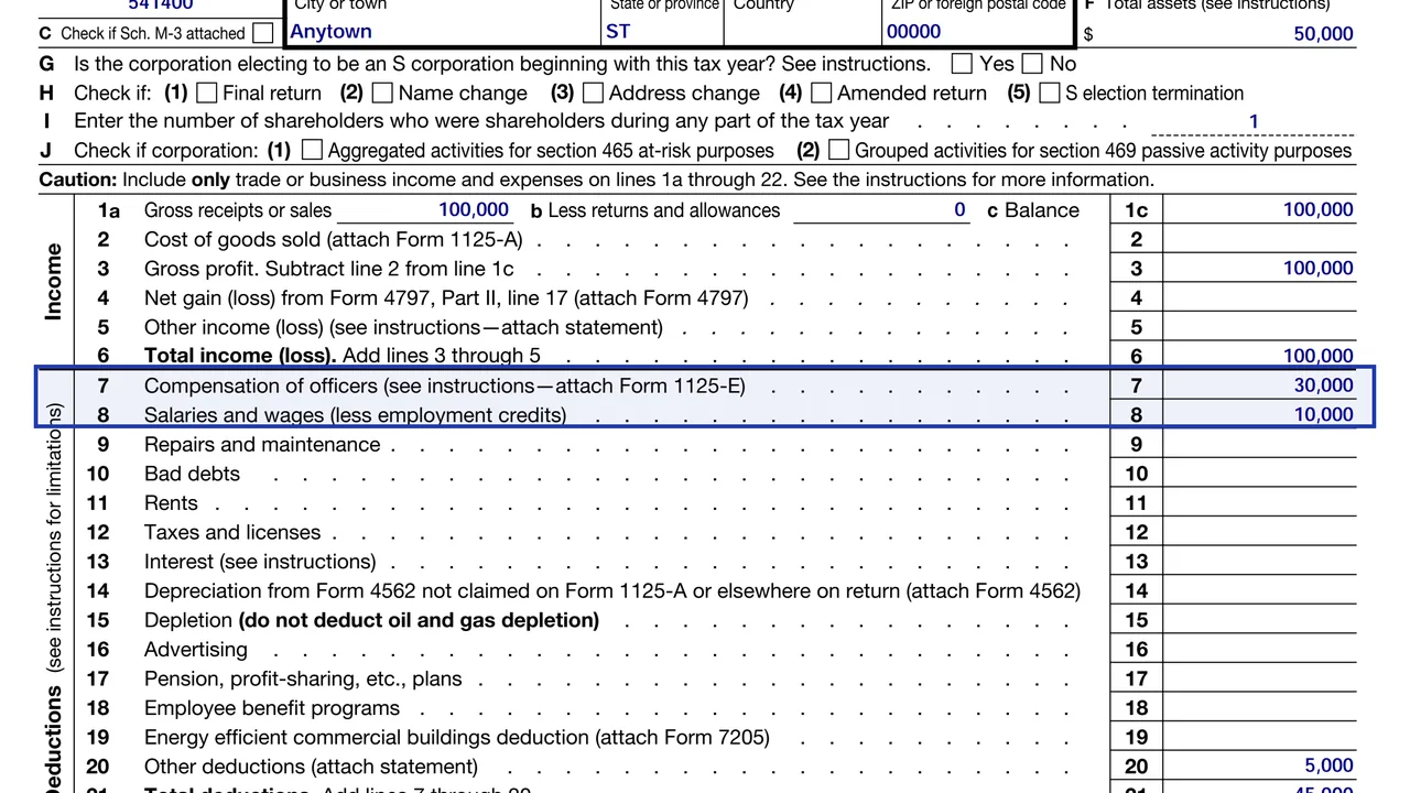 Lines 7 and 8 of Form 1120-S with officer compensation and salaries entered