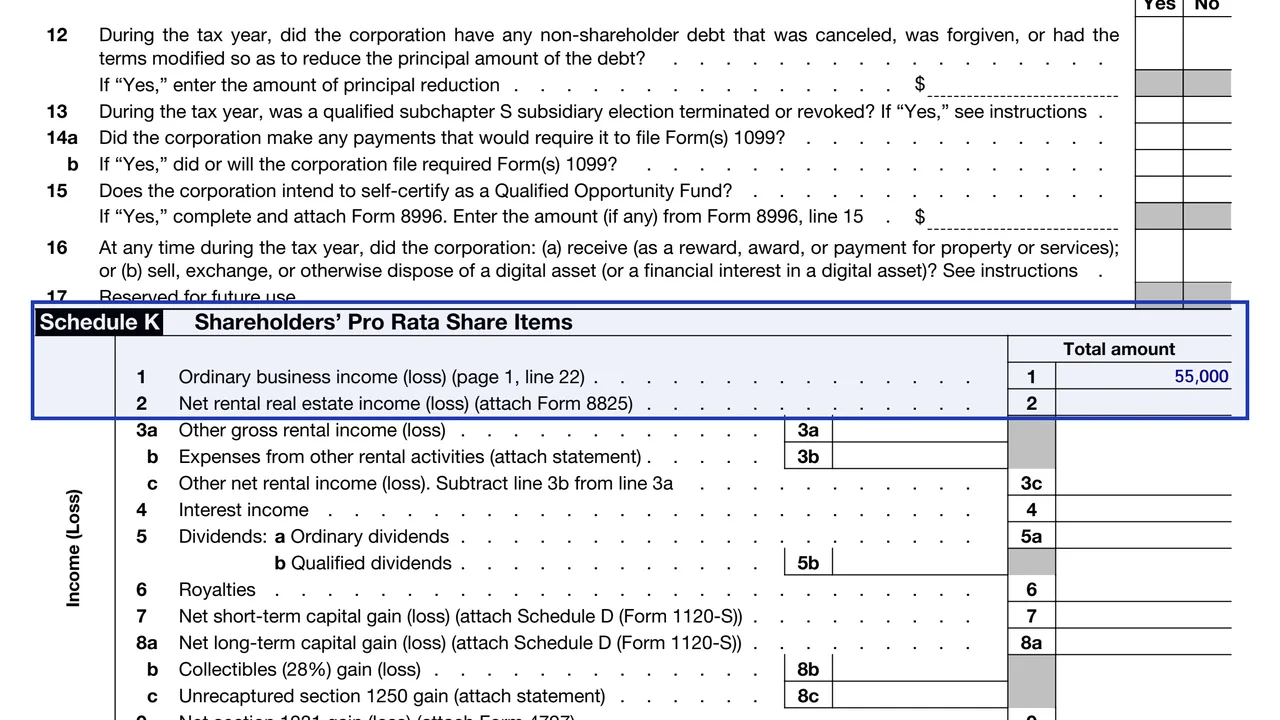 The first lines of Schedule K of Form 1120-S, the totals each shareholder's Schedule K-1 splits by ownership