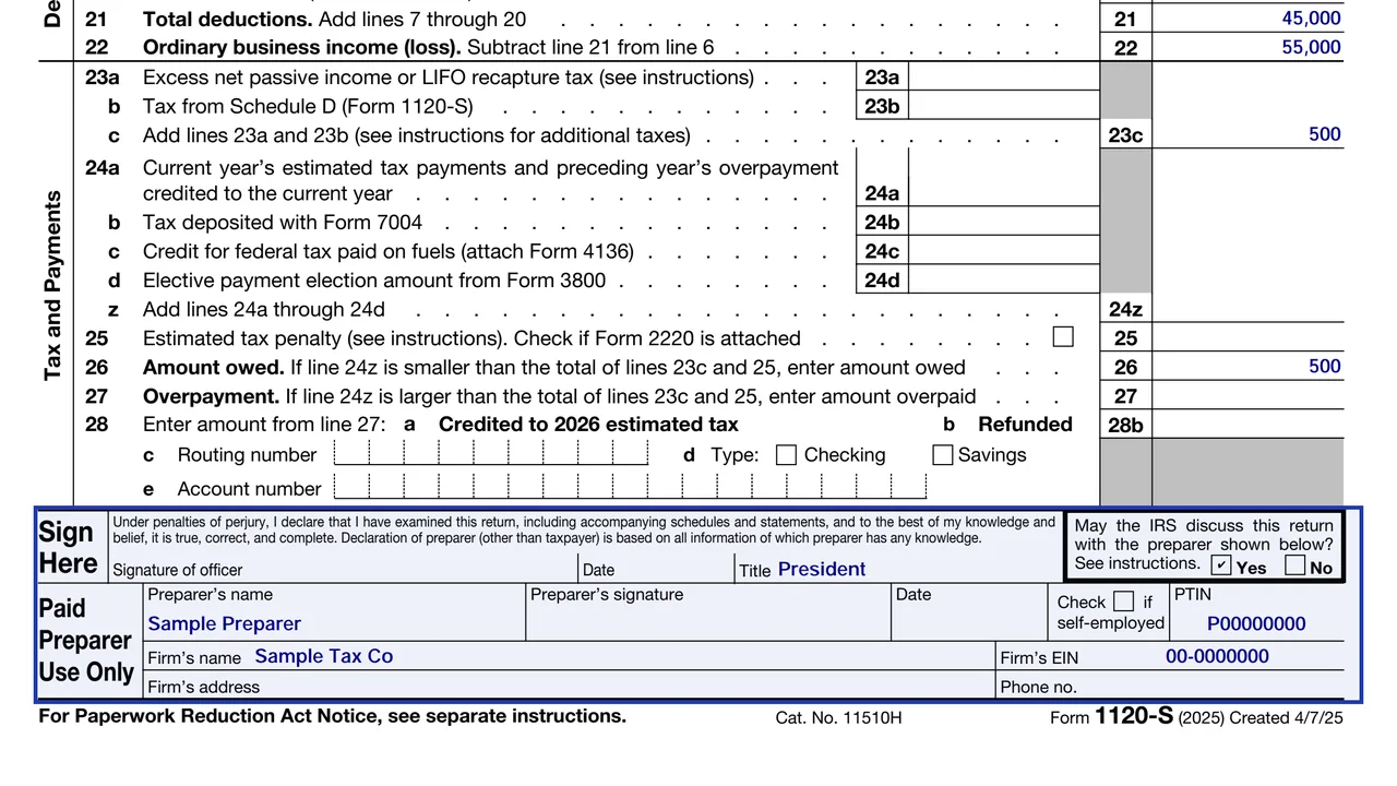 The signature block of Form 1120-S with the officer's signature line and title and the paid preparer's firm and PTIN