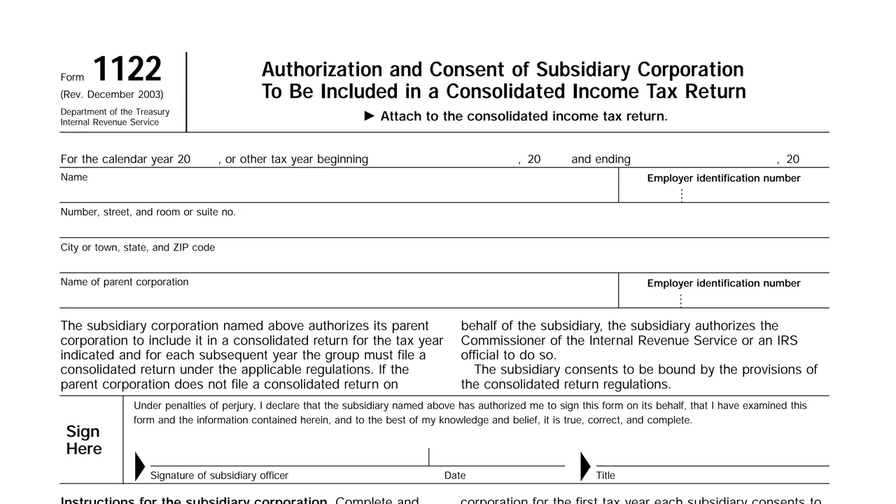 Top of page 1 of Form 1122: Authorization and Consent of Subsidiary Corporation, as printed by IRS