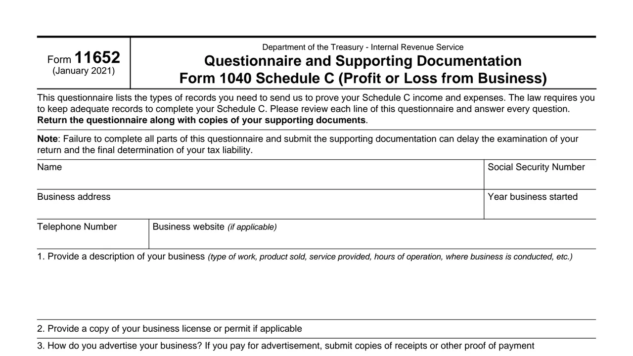 Top of page 1 of Form 11652: Questionnaire and Supporting Documentation, Form 1040 Schedule C, as printed by IRS