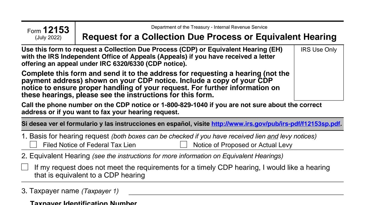 Top of page 1 of Form 12153: Request for a Collection Due Process or Equivalent Hearing, as printed by IRS