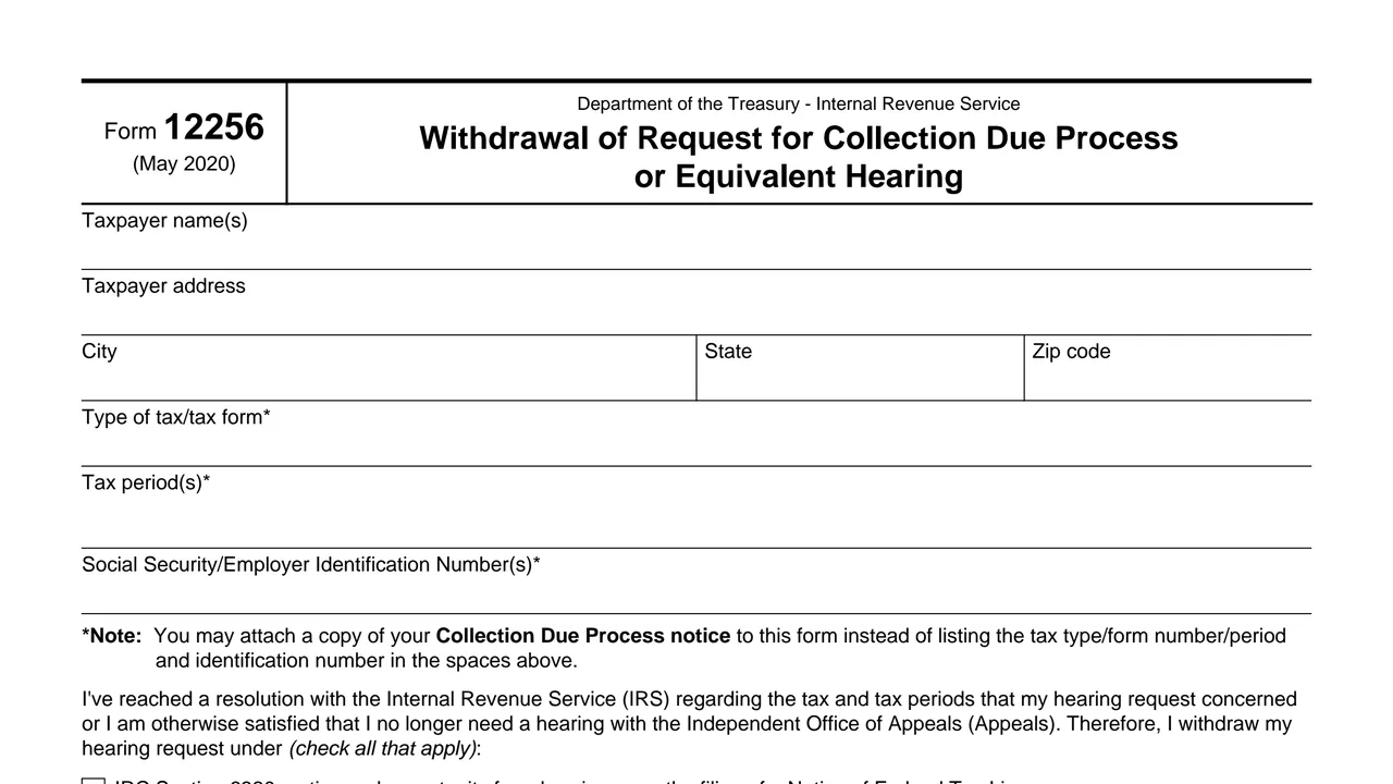 Top of page 1 of Form 12256: Withdrawal of Request for Collection Due Process or Equivalent Hearing, as printed by IRS