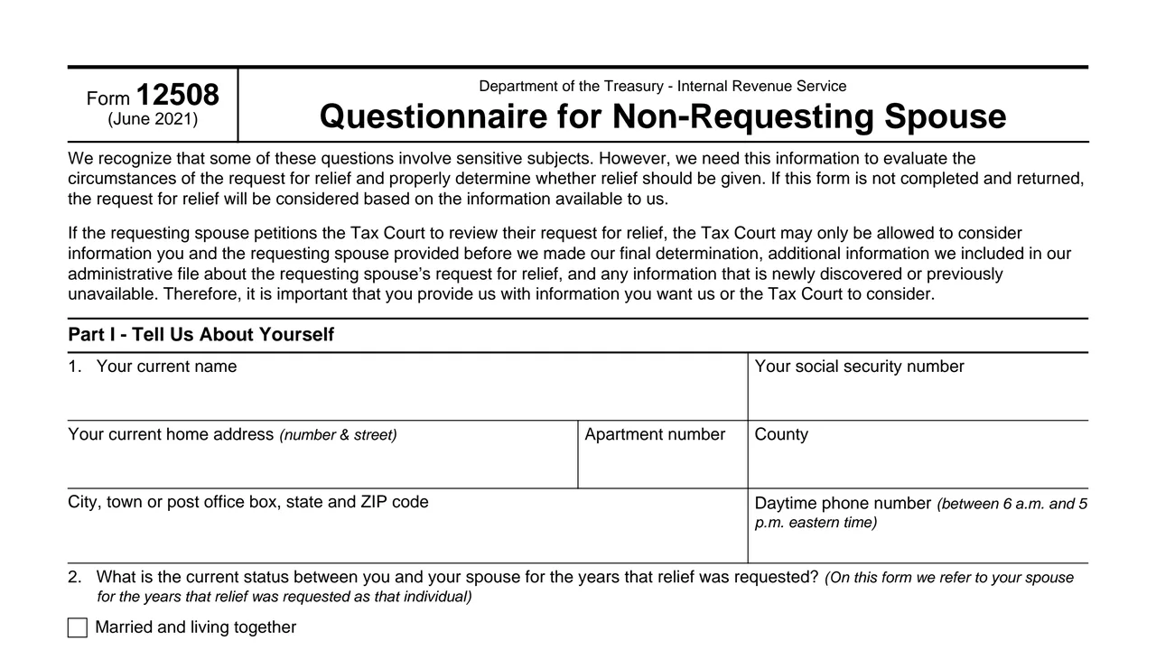 Top of page 1 of Form 12508: Questionnaire for Non-Requesting Spouse, as printed by IRS