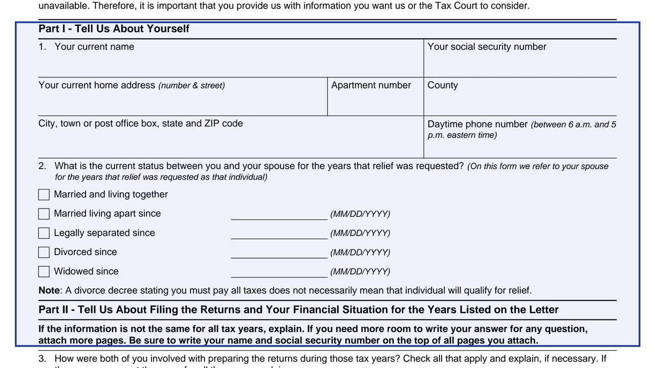 Part I: Tell Us About Yourself on page 1 of Form 12508: Questionnaire for Non-Requesting Spouse, as printed by IRS