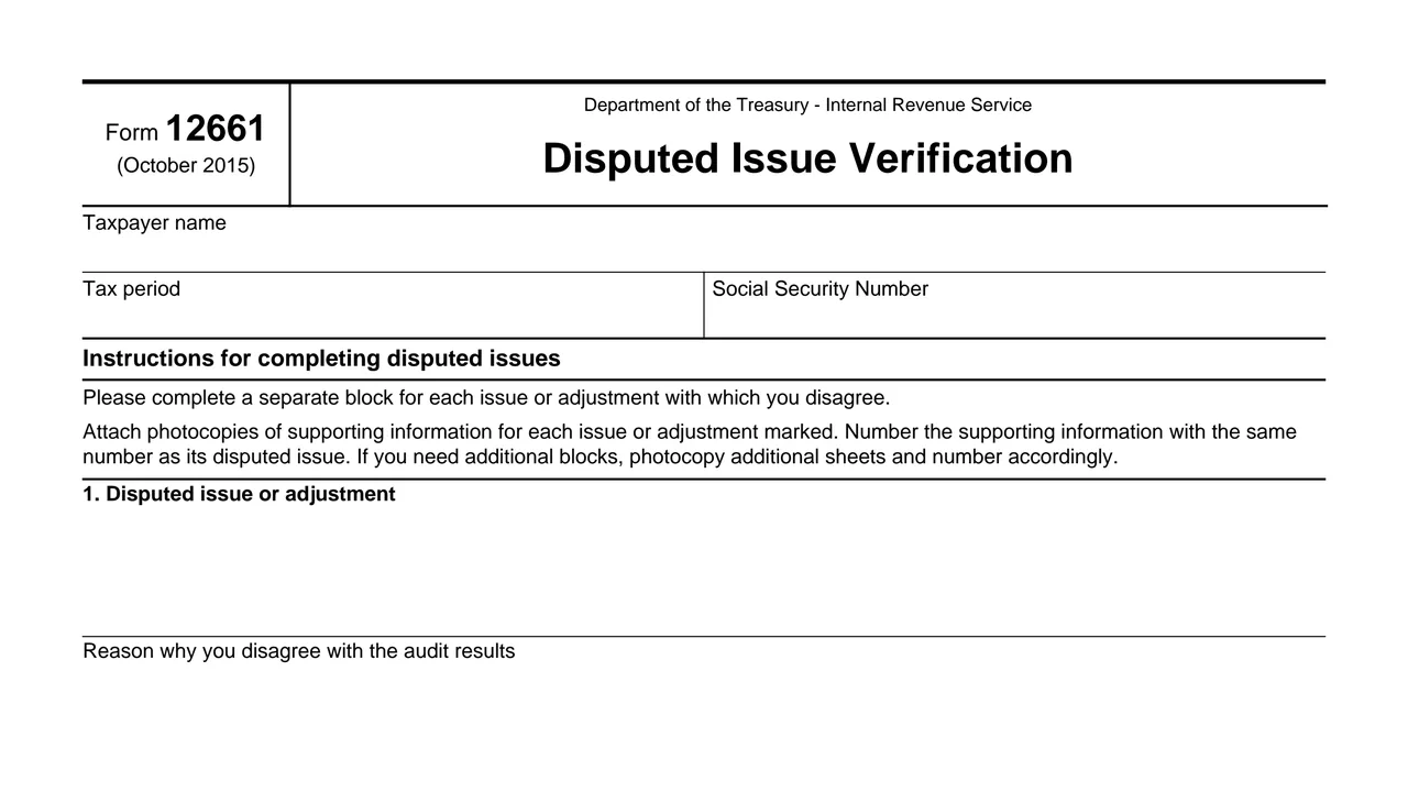Top of page 1 of Form 12661: Disputed Issue Verification, as printed by IRS