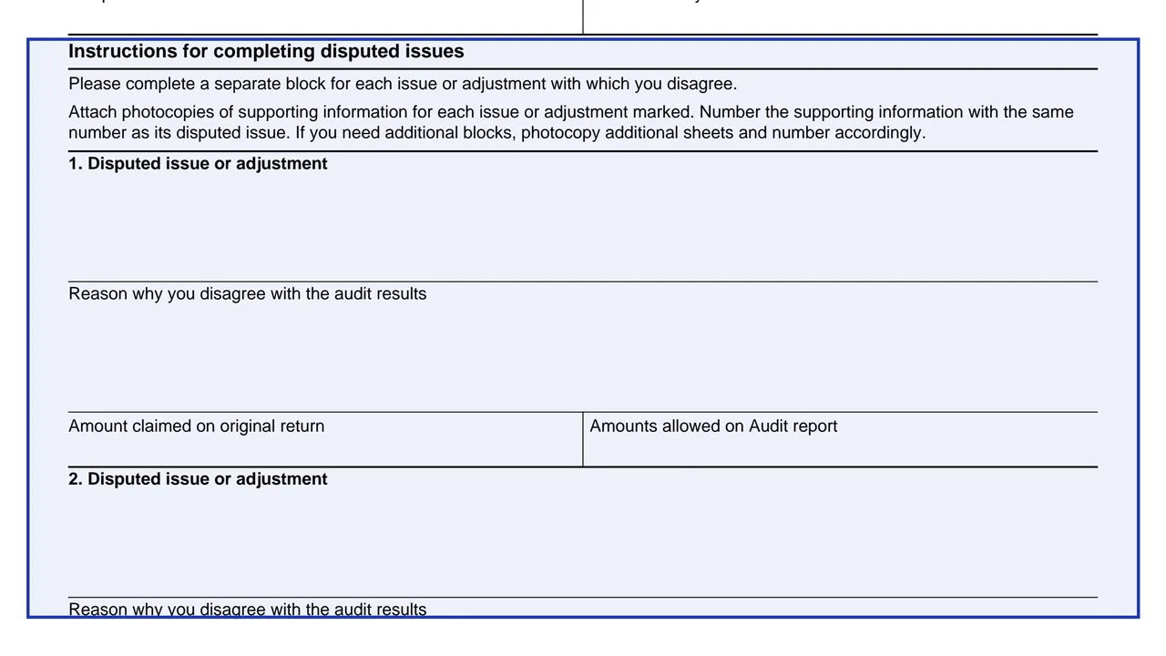 Instructions for completing disputed issues on page 1 of Form 12661: Disputed Issue Verification, as printed by IRS