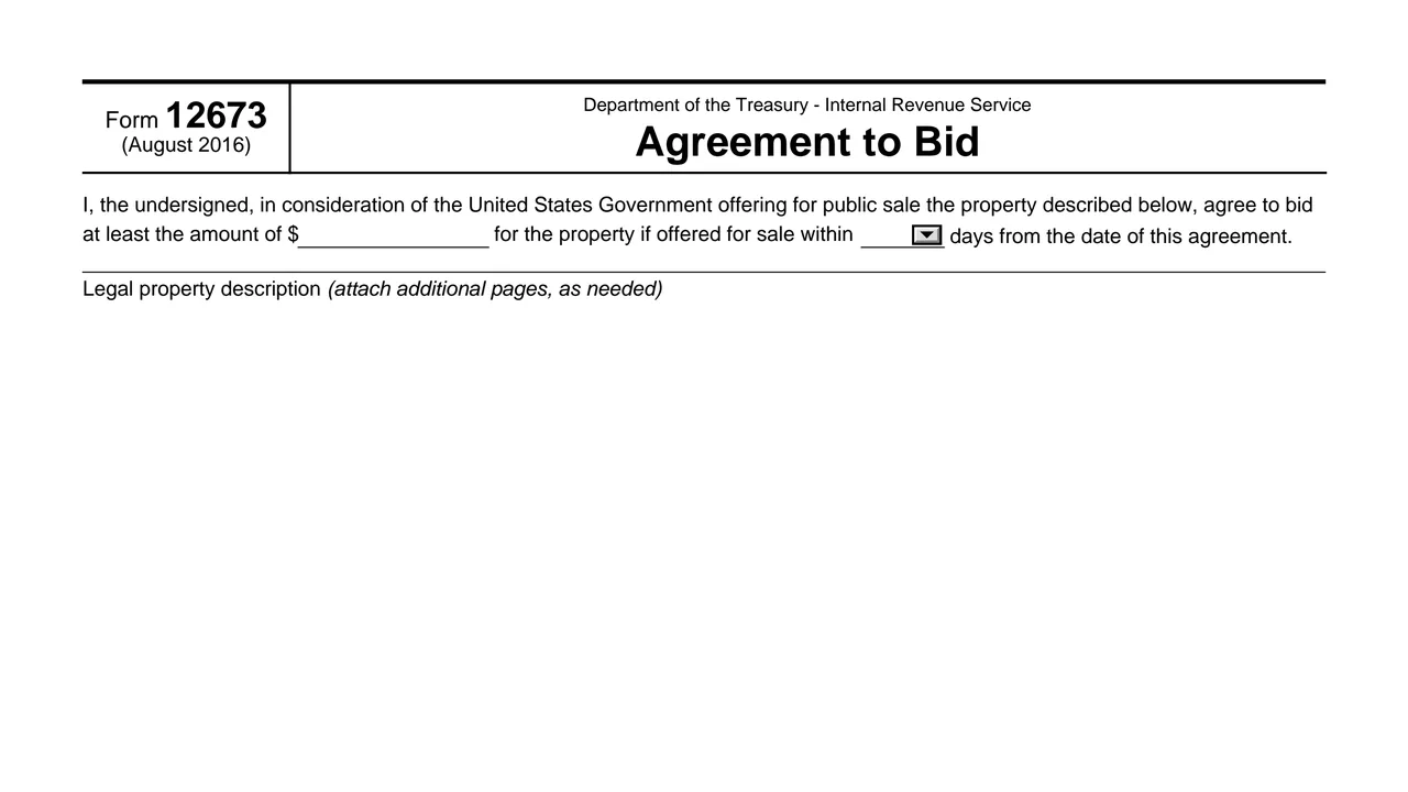 Top of page 1 of Form 12673: Agreement to Bid, as printed by IRS