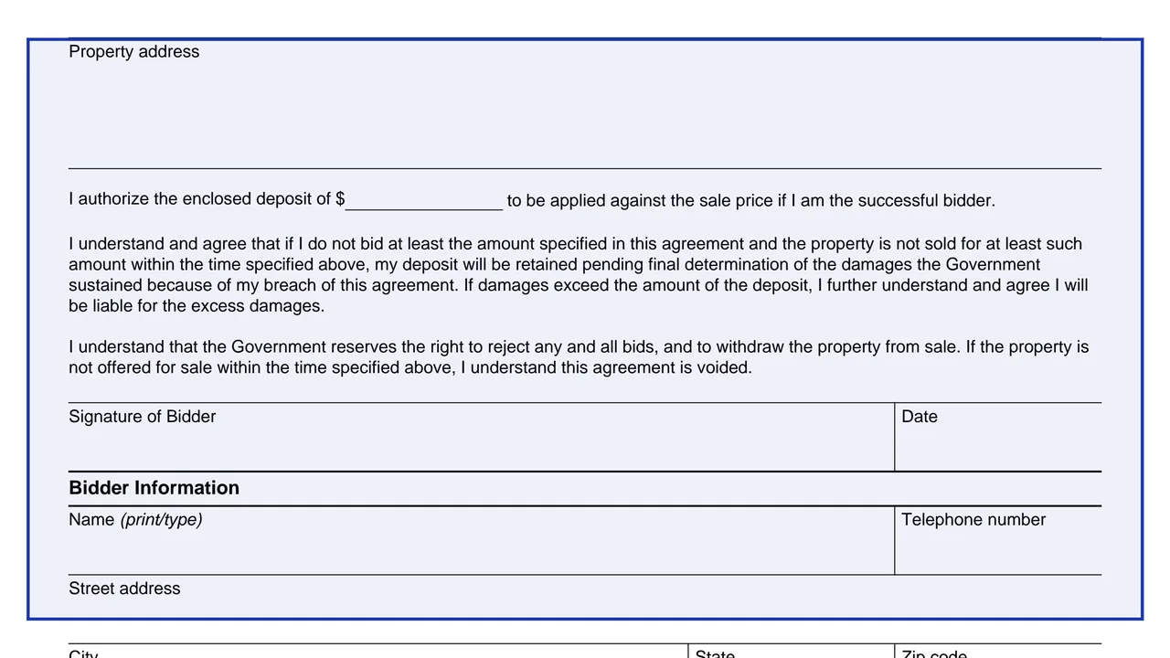 Property address on page 1 of Form 12673: Agreement to Bid, as printed by IRS