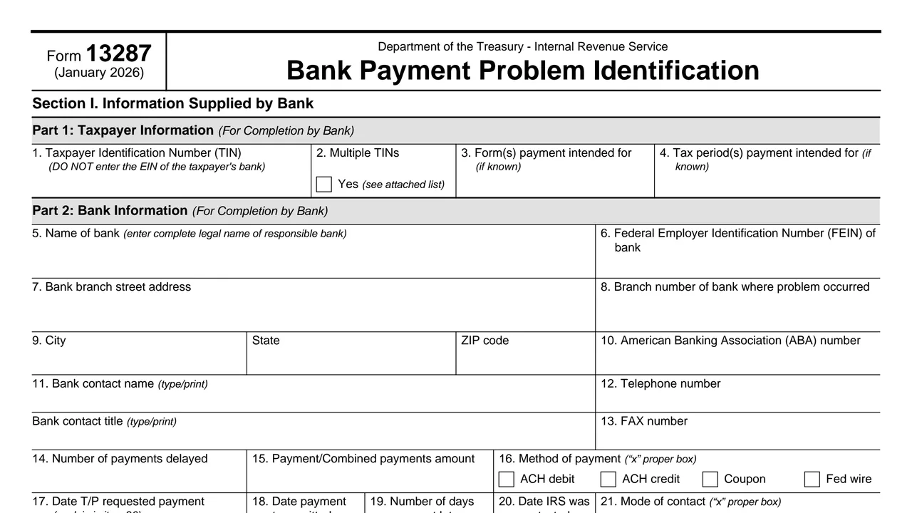 Top of page 1 of Form 13287: Bank Payment Problem Identification, as printed by IRS