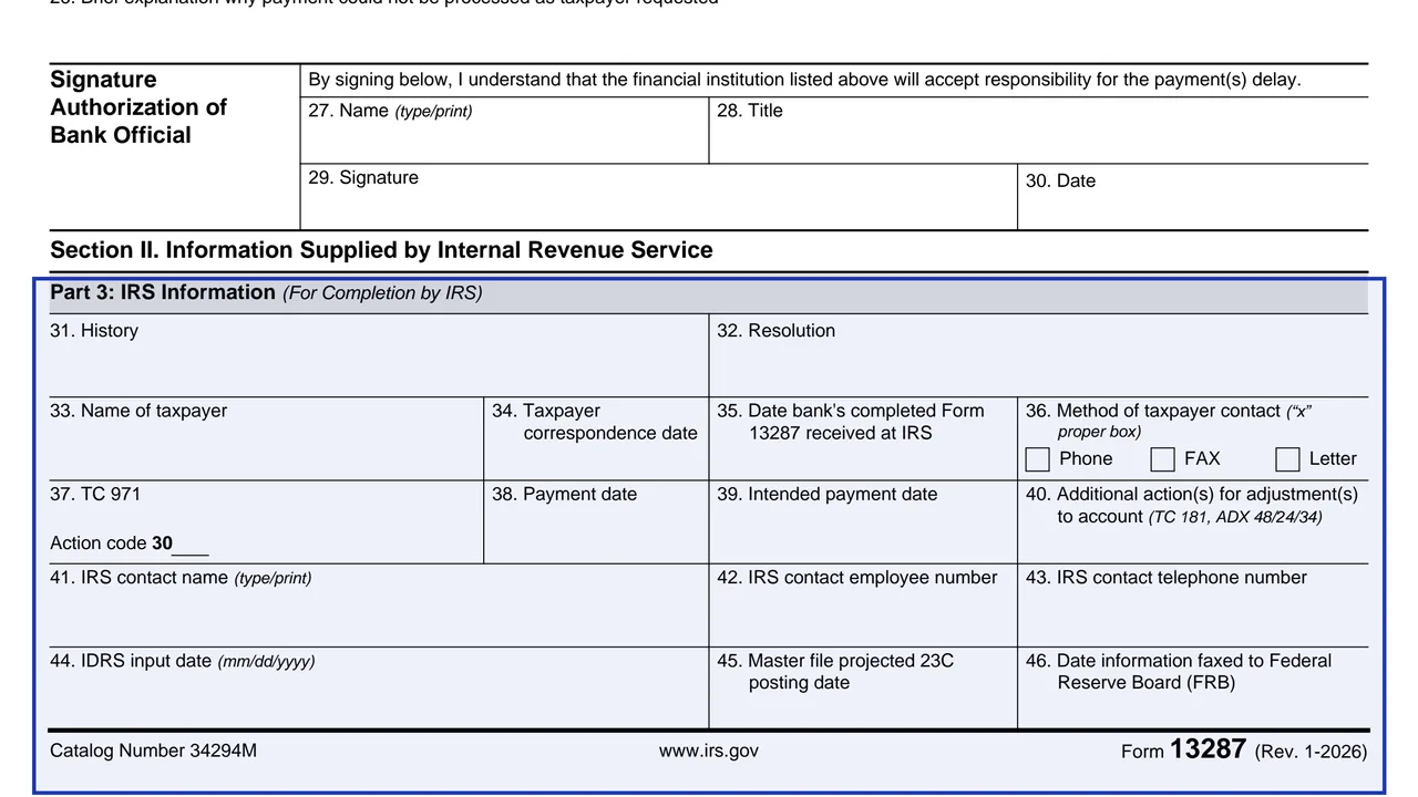 Part 3: IRS Information (items 31 to 46) on page 1 of Form 13287: Bank Payment Problem Identification, as printed by IRS