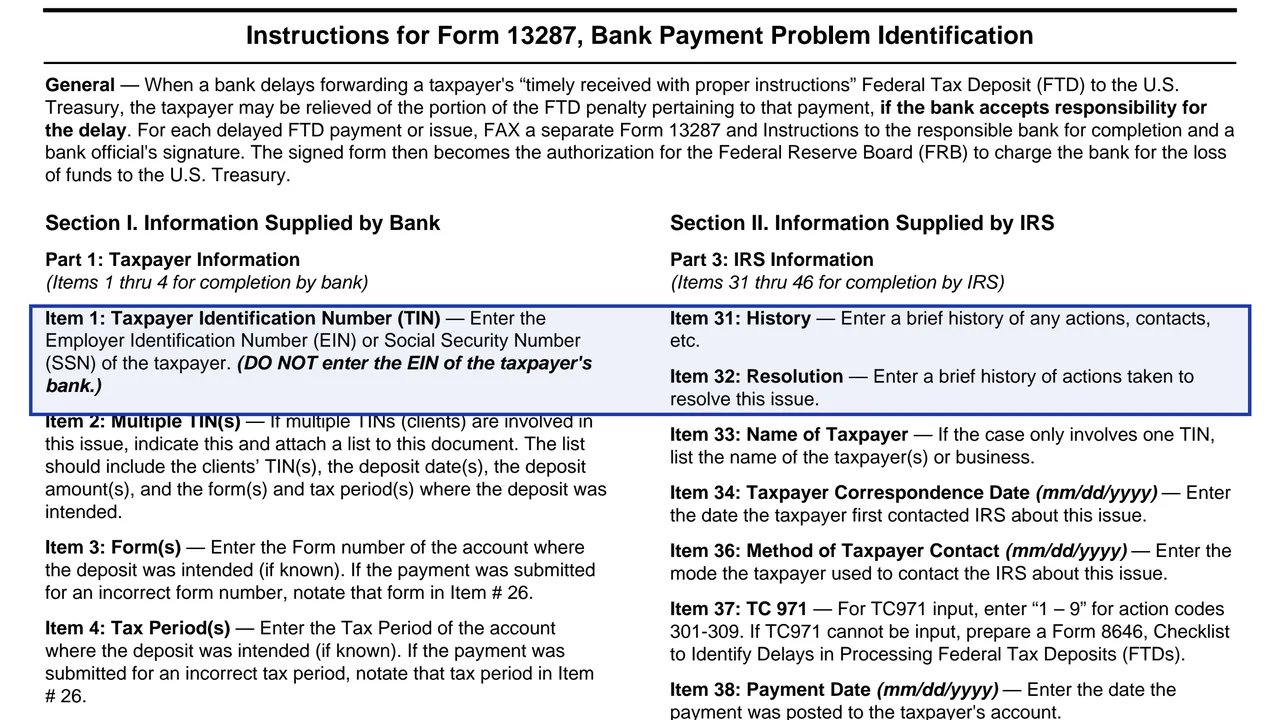 Item 1 on page 2 of Form 13287: Bank Payment Problem Identification, as printed by IRS